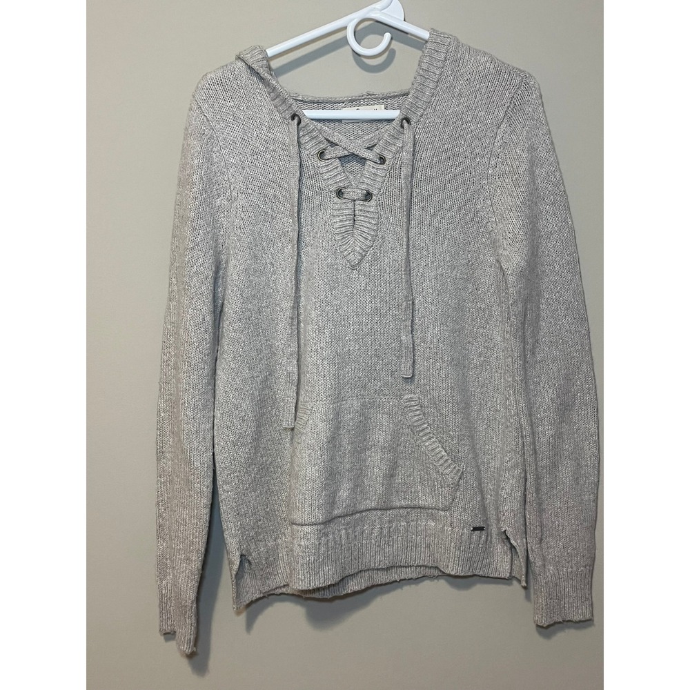 Hollister Oatmeal Knit Hoodie Sweater Lace Up Pullover Womens M